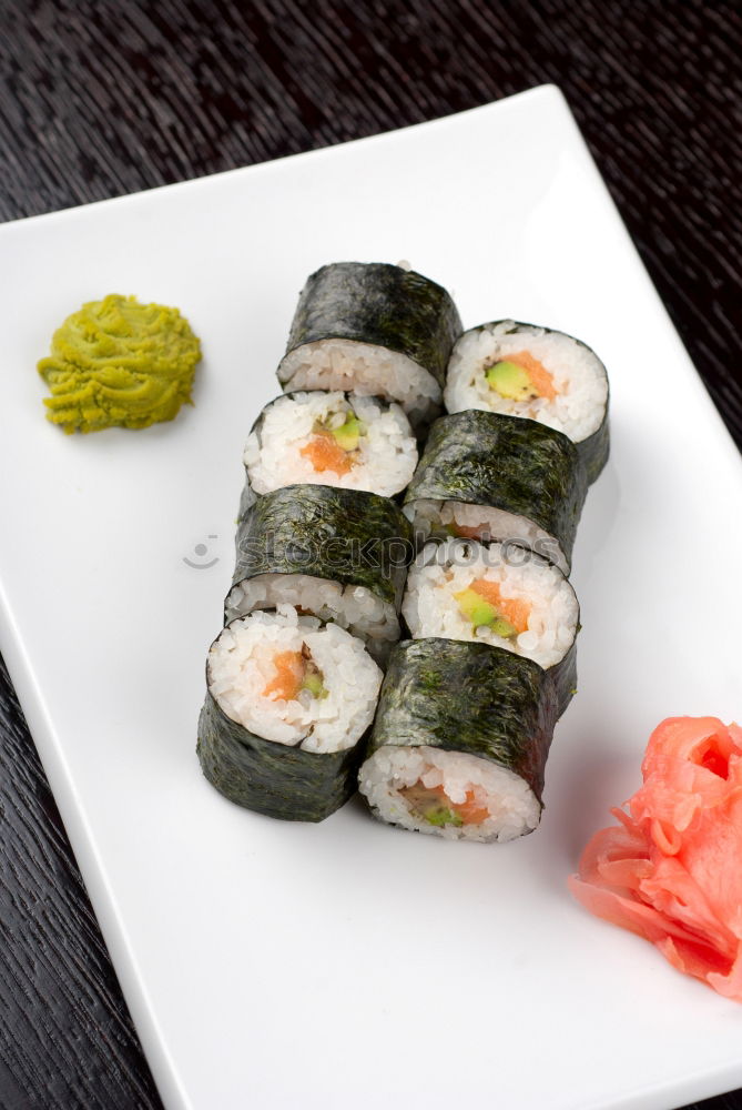 Similar – sushi assortment in white plate and soya sauce