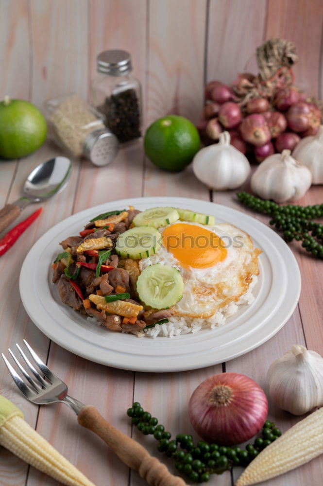 Similar – Image, Stock Photo Basmati rice with chicken tomato sauce and yoghurt