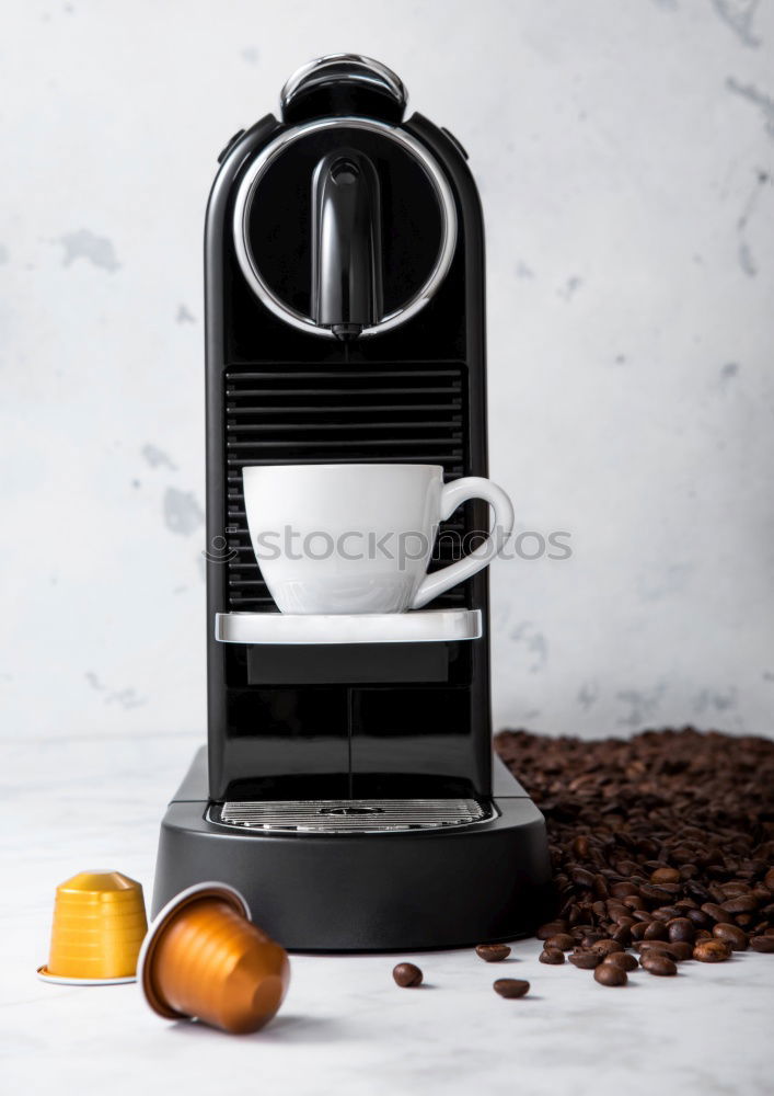 Similar – Glass coffeepot, white porcelain filter, light brown filter paper and dark brown continuous bubble forming coffee, apple, egg in wooden egg cup, white cup, corn waffles, white table in front of grey wall in the morning light.