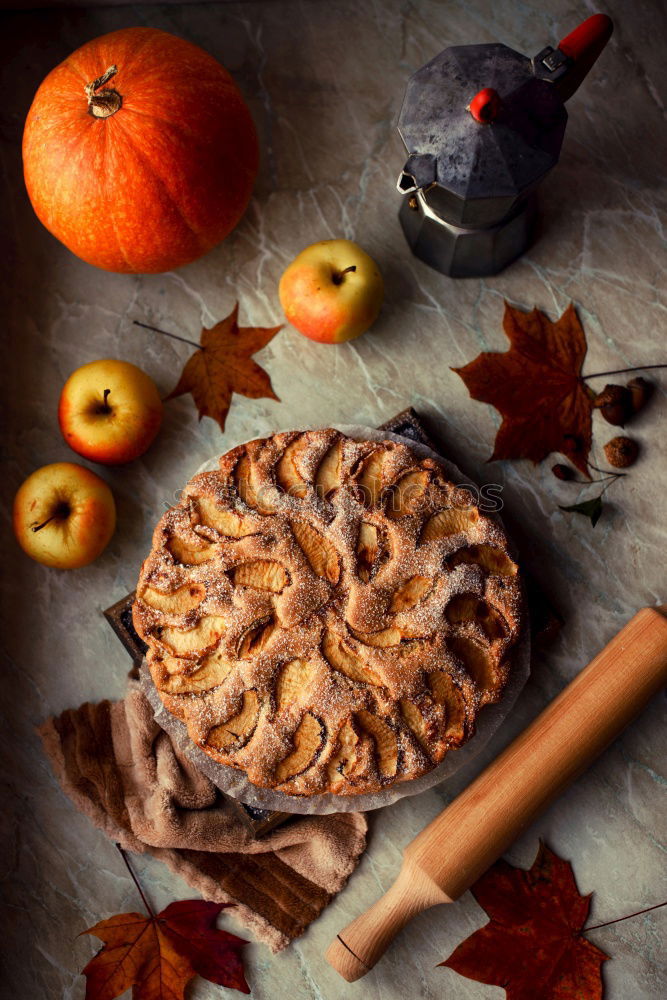 Similar – Image, Stock Photo baked round apple pie and one cut piece on a plate