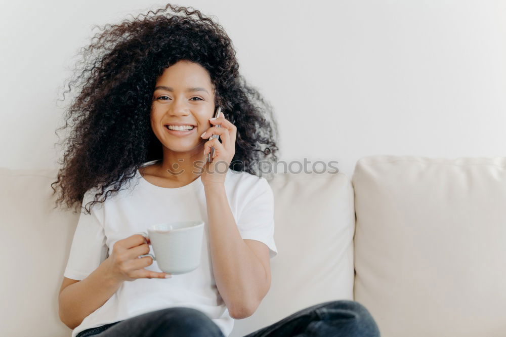 Similar – Image, Stock Photo close up of a pretty black woman with curly hair smiling and lying on bed looking away