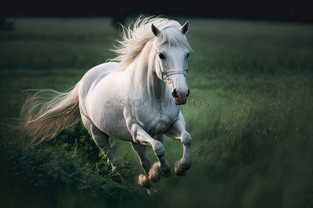 Similar – Image, Stock Photo a man in a check shirt is walking with his well-bred white horse on a meadow path with lots of flowering grass all around. In the background lush green trees