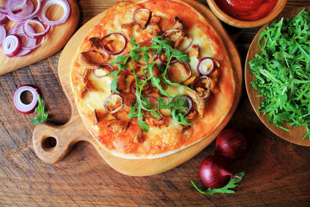 Similar – Image, Stock Photo Flammkuchen with vegetables and green salad