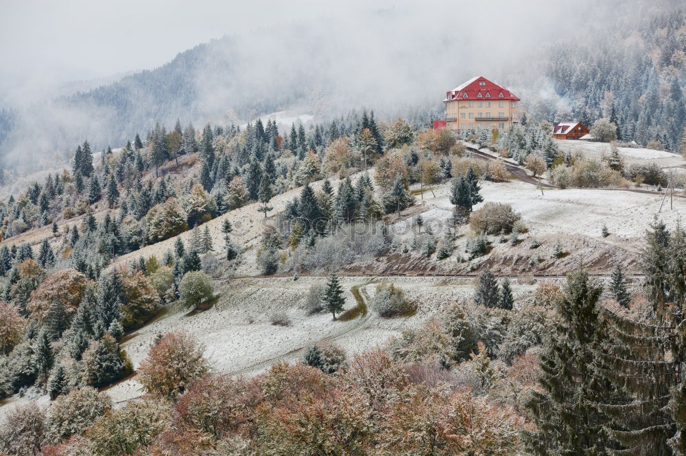 Image, Stock Photo First snow in autumn. Snowfall in mountains. Snow and fog