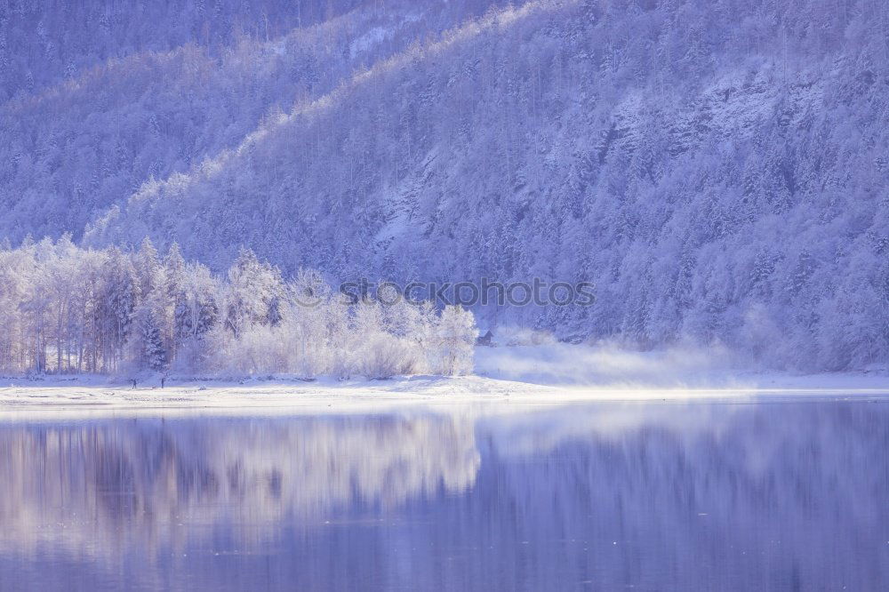 Similar – Half-frozen lake in idyllic winter landscape