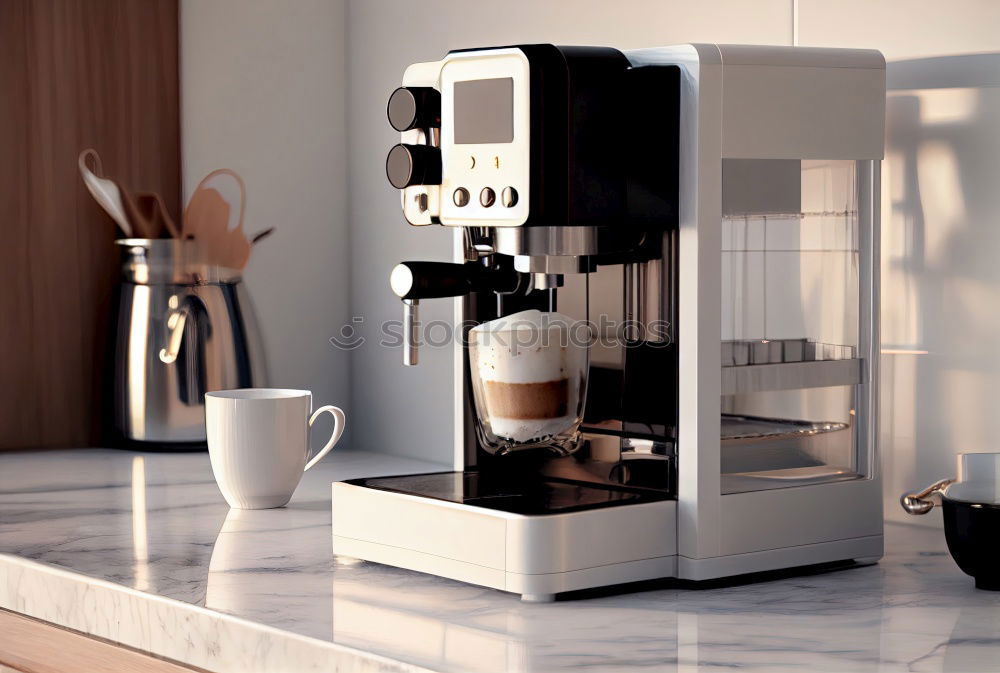 Similar – Glass coffeepot, white porcelain filter, light brown filter paper and dark brown continuous bubble forming coffee, apple, egg in wooden egg cup, white cup, corn waffles, white table in front of grey wall in the morning light.