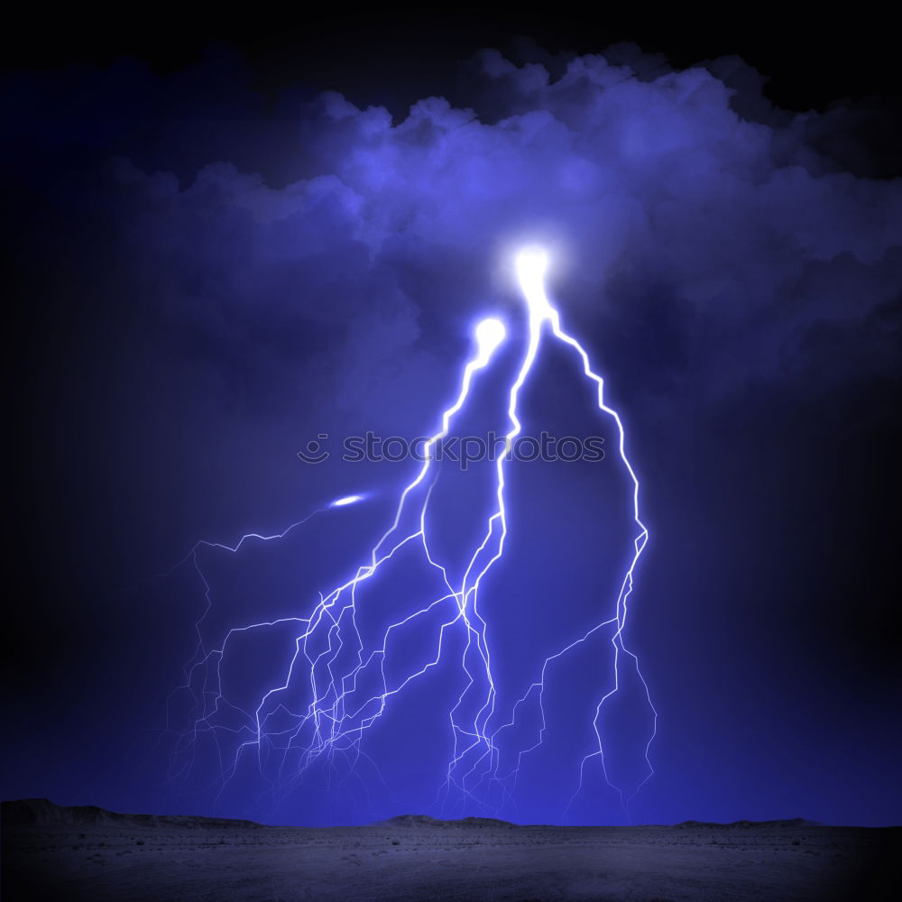 Similar – Image, Stock Photo Bright flash of lightning in a blue night sky over the city silhouette