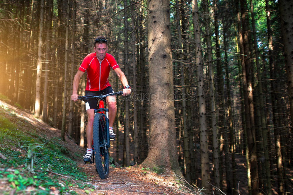 Similar – Biker in Jeans und kariertem Hemd springt mit dem Fahrrad die MTB-Strecke hinunter