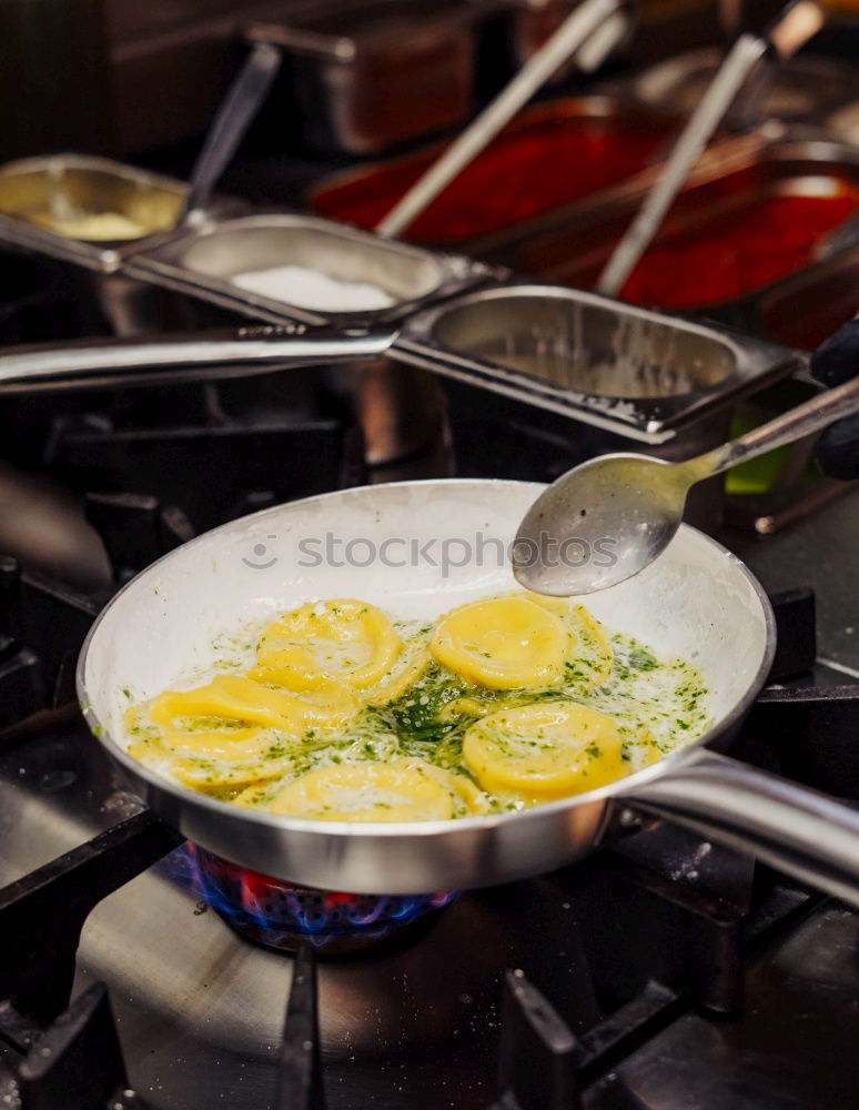 Similar – Image, Stock Photo spaghetti carbonara in a pan, cooking, kitchen, delicious