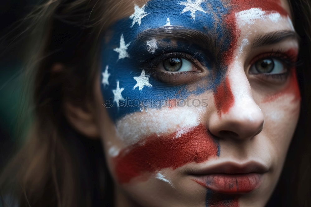 Similar – Flagge zeigen | wörtlich genommen | patriotische junge blonde Frau mit amerikanischer Fahne und Flagge aufs Gesicht gemalt im Freien hofft auf den Sieg ihrer Fußballmannschaft