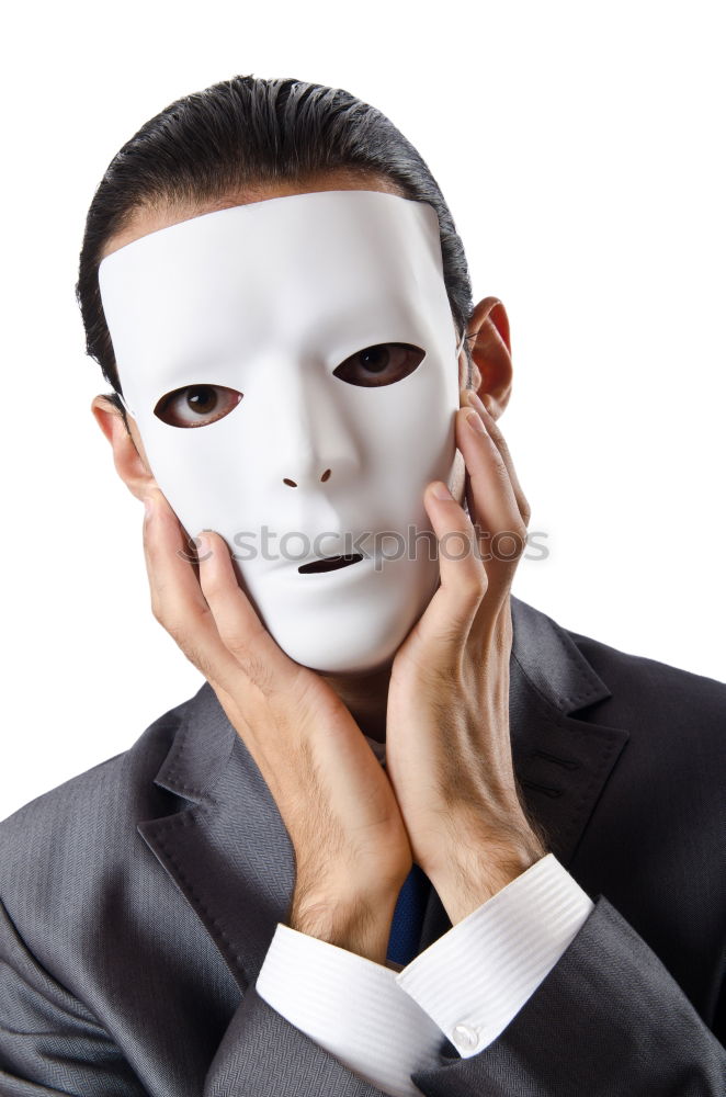 happy mature woman peeking from behind mask