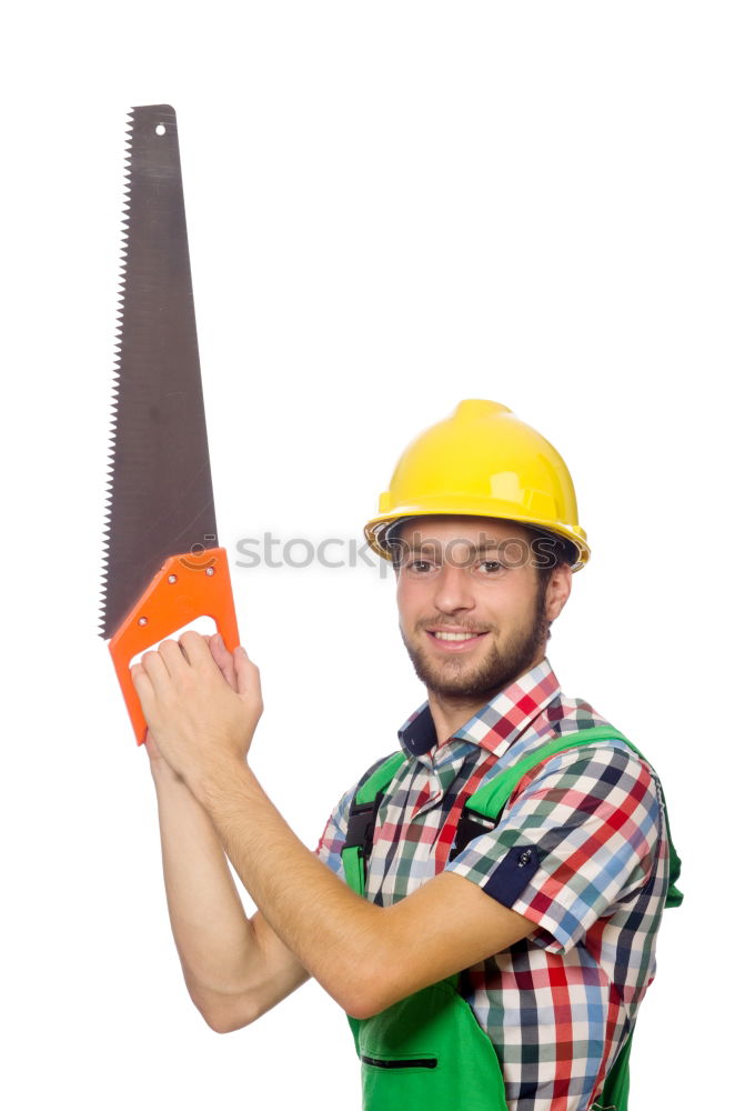 Similar – Worker man with hammer drill and building level at construction site