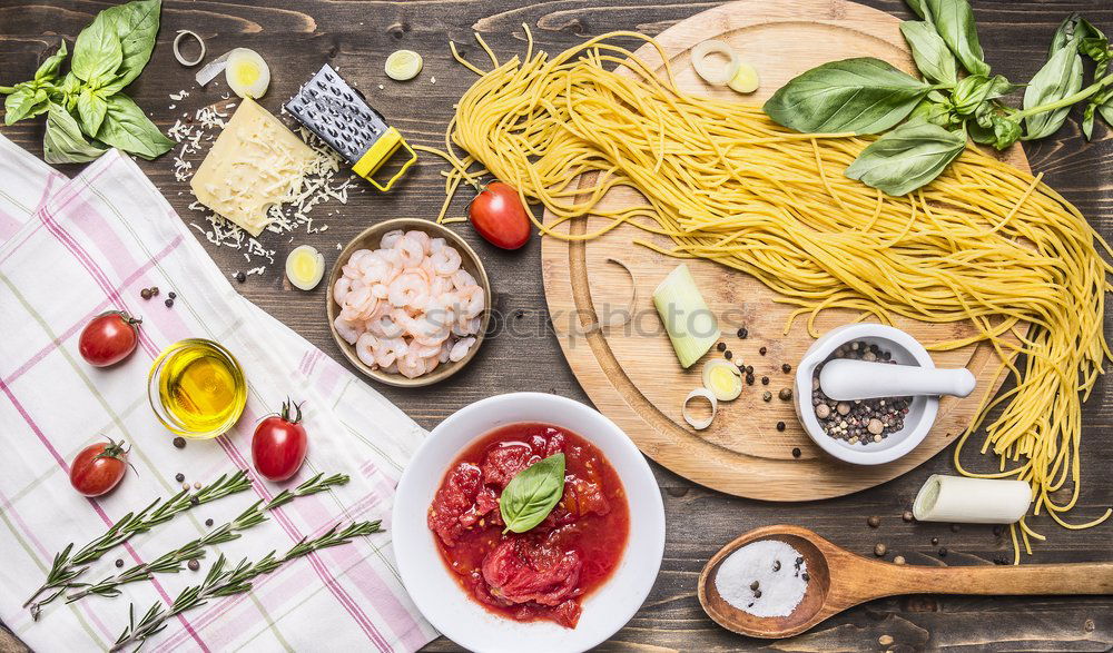 Similar – Image, Stock Photo Spaghetti Carbonara in old pot with parmesan and herbs.