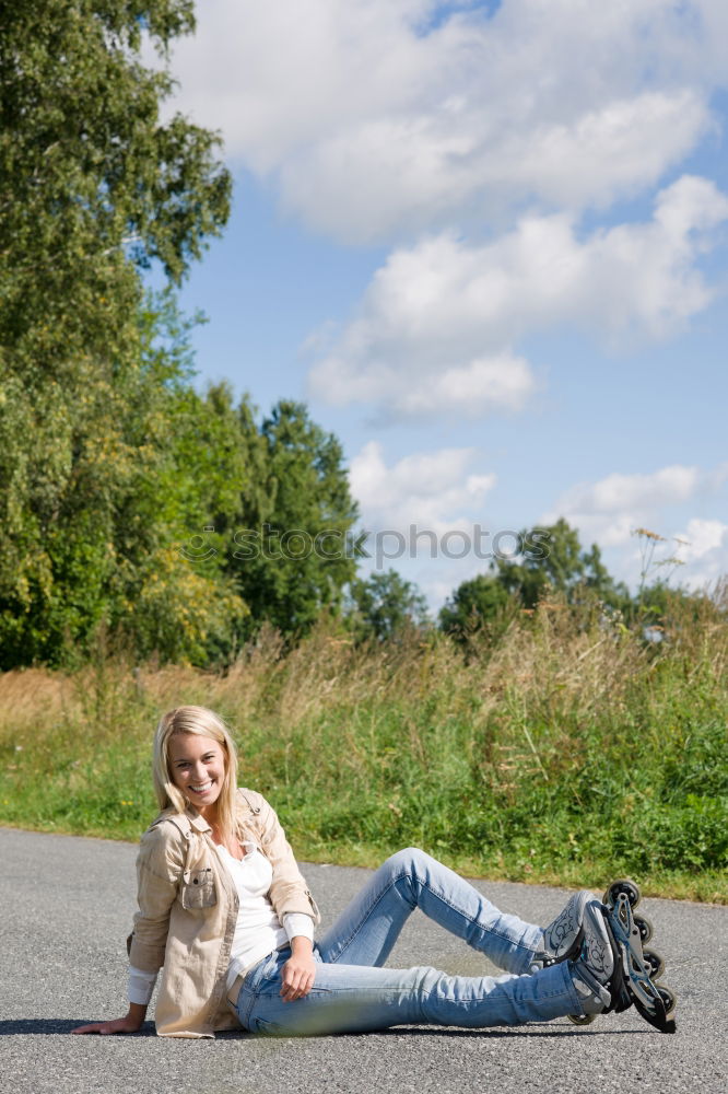 Similar – Image, Stock Photo Smiling blonde girl with red shirt enjoying life outdoors.