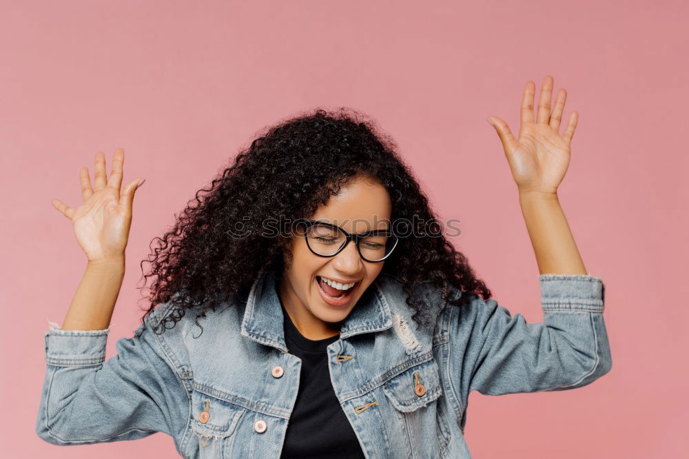 Similar – Image, Stock Photo Happy African woman taking selfie and drinking smoothie