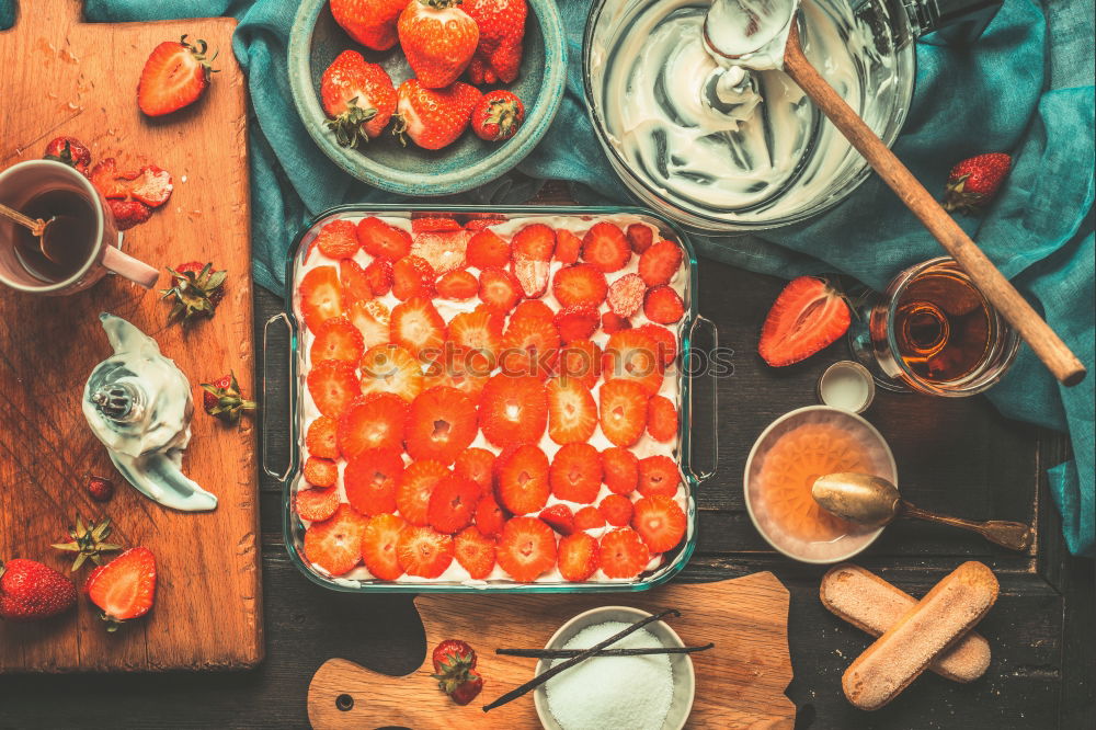 Image, Stock Photo Strawberry cake with sliced berries and cream