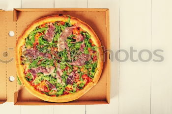 Similar – Image, Stock Photo Italian Pizza With Rucola, Prosciutto Ham And Parmesan Cheese