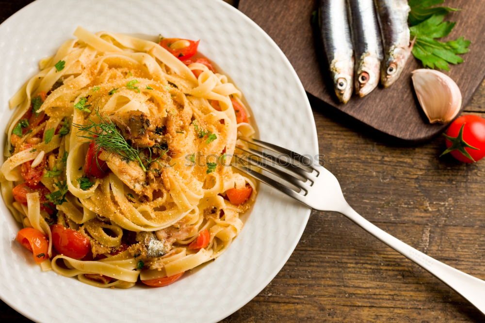 Similar – Image, Stock Photo Spaghetti pasta with tomato sauce, basil and cheese