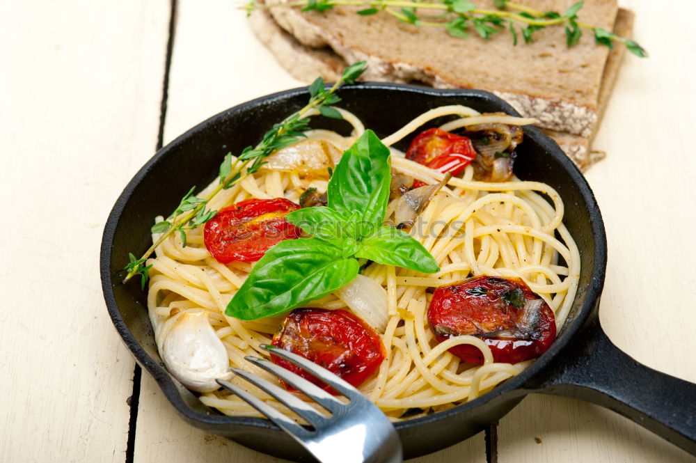 Similar – Image, Stock Photo Spaghetti pasta with tomato sauce, basil and cheese