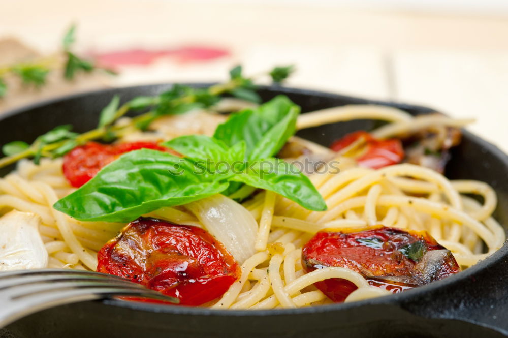 Similar – Image, Stock Photo Spaghetti pasta with tomato sauce, basil and cheese