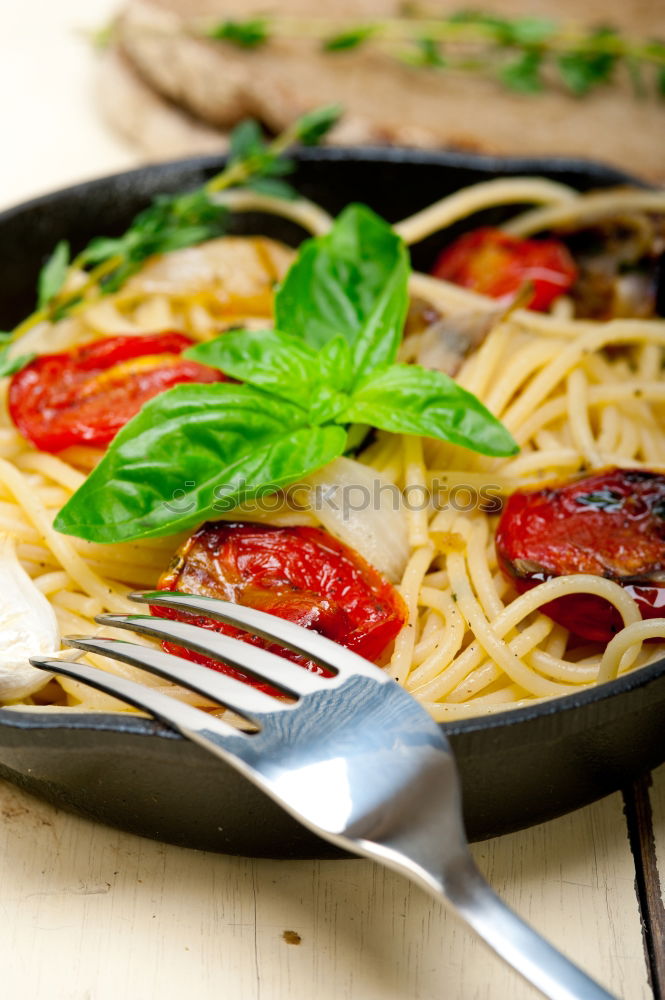 Similar – Image, Stock Photo Spaghetti pasta with tomato sauce, basil and cheese