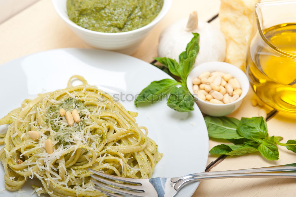 Similar – Bsilikum Pesto with spaghetti and tomatoes