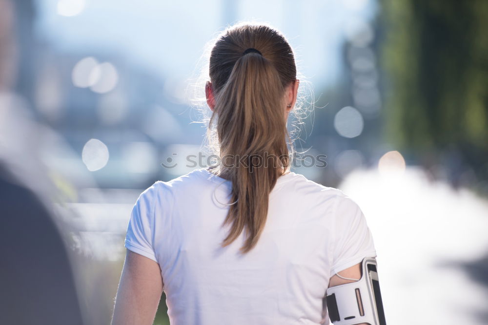 Similar – Image, Stock Photo Back of a woman’s head with braid In front of the picture wall with photos