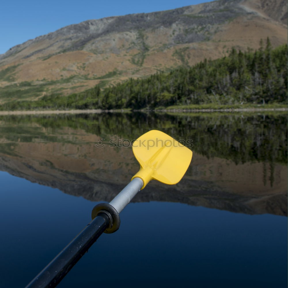 Image, Stock Photo Young woman in a red kayak, mountain lake panorama, Norway