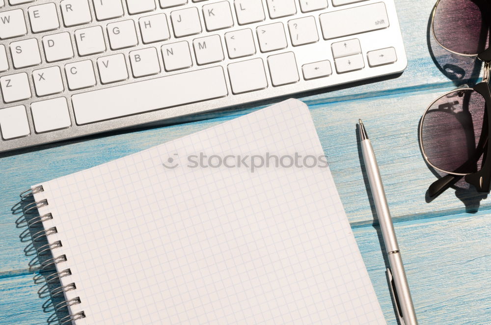 Similar – Image, Stock Photo workplace with tablet pc, notepads, camera and pen