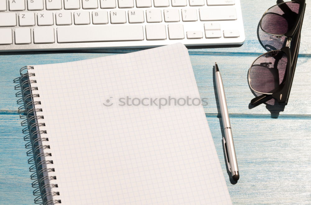 Similar – Image, Stock Photo workplace with tablet pc, notepads, camera and pen