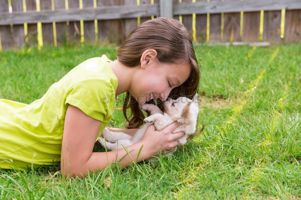 Similar – Image, Stock Photo Little girl looking a goat on the grass