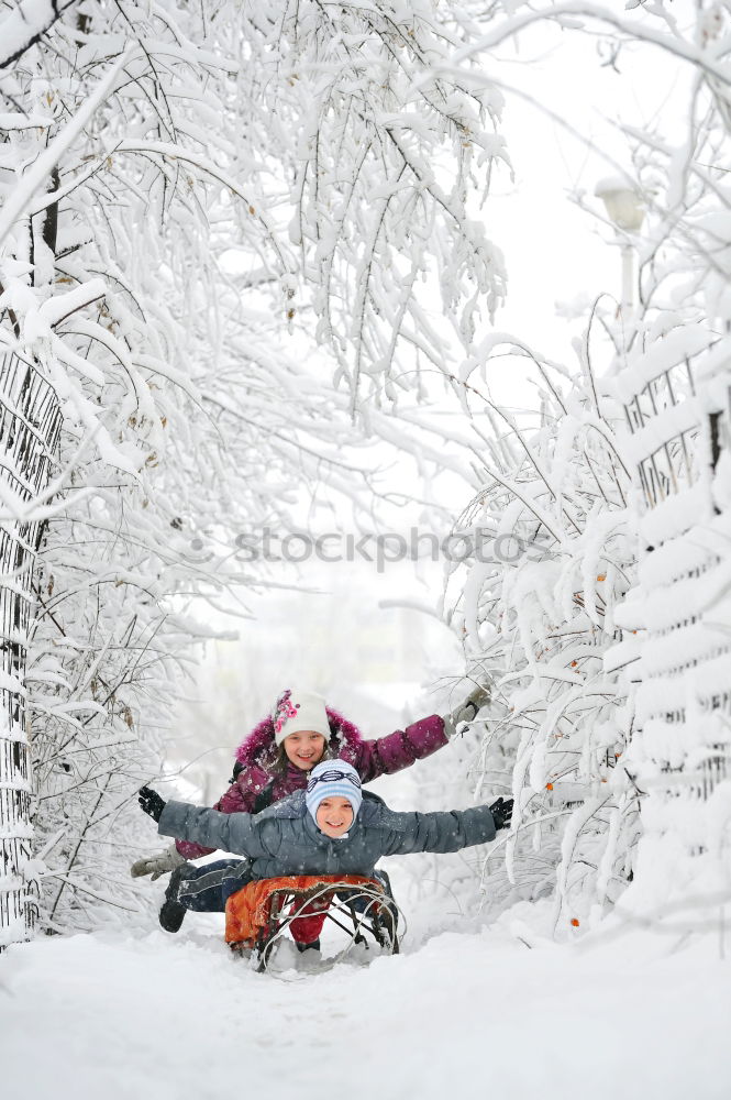 Similar – A woman pulls a sled through the snow. Winter atmosphere.