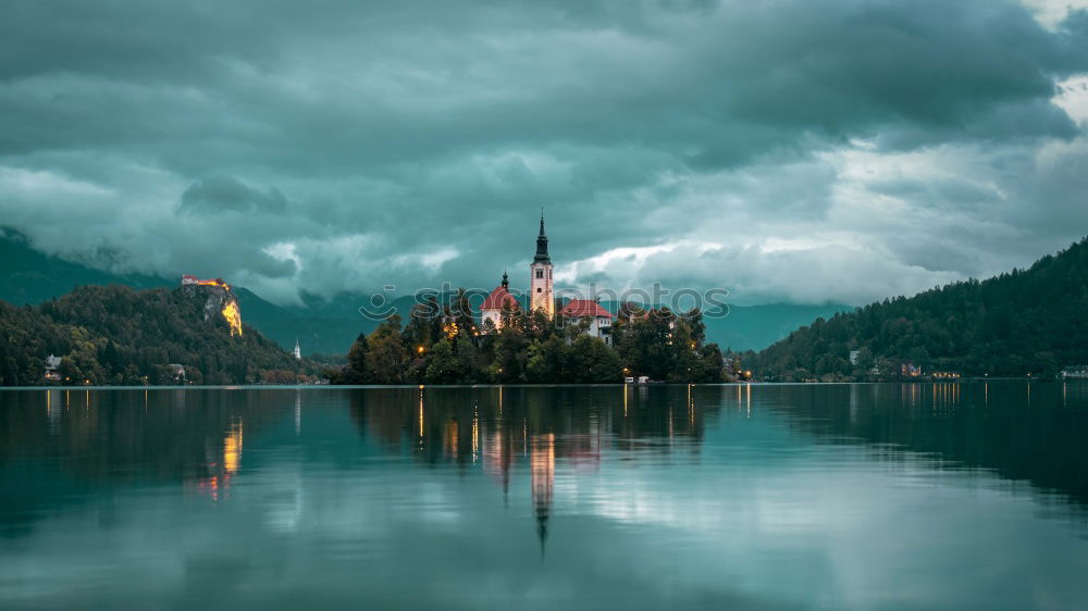 Similar – Image, Stock Photo Slovenian town with lake and mountains