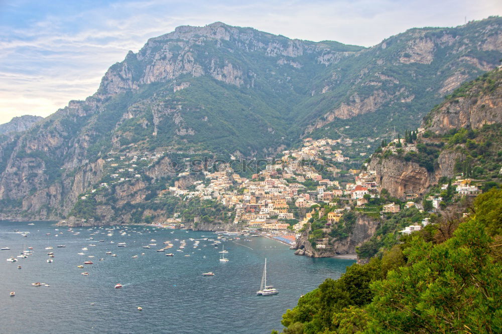 Similar – Image, Stock Photo Aerial view of small haven of Amalfi village with turquoise sea and colorful houses on slopes of Amalfi Coast with Gulf of Salerno, Campania, Italy.