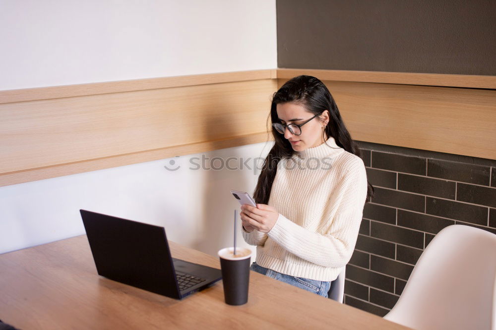 Image, Stock Photo Young beautiful woman with laptop , smartphone and coffee in a Restaurant