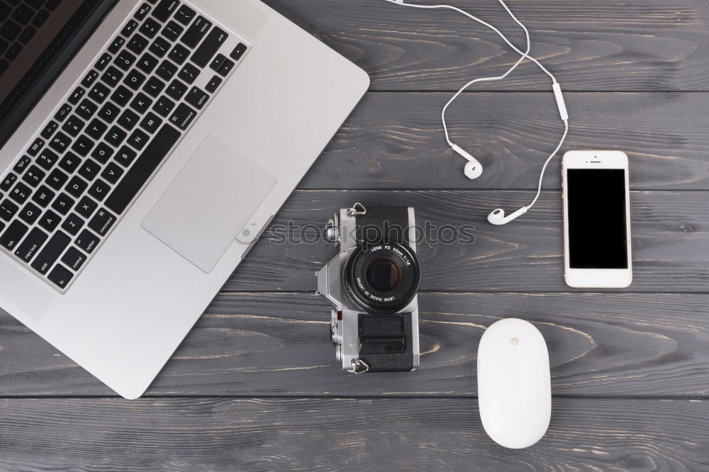 Image, Stock Photo keyboard and phone with black screen on wooden desk.