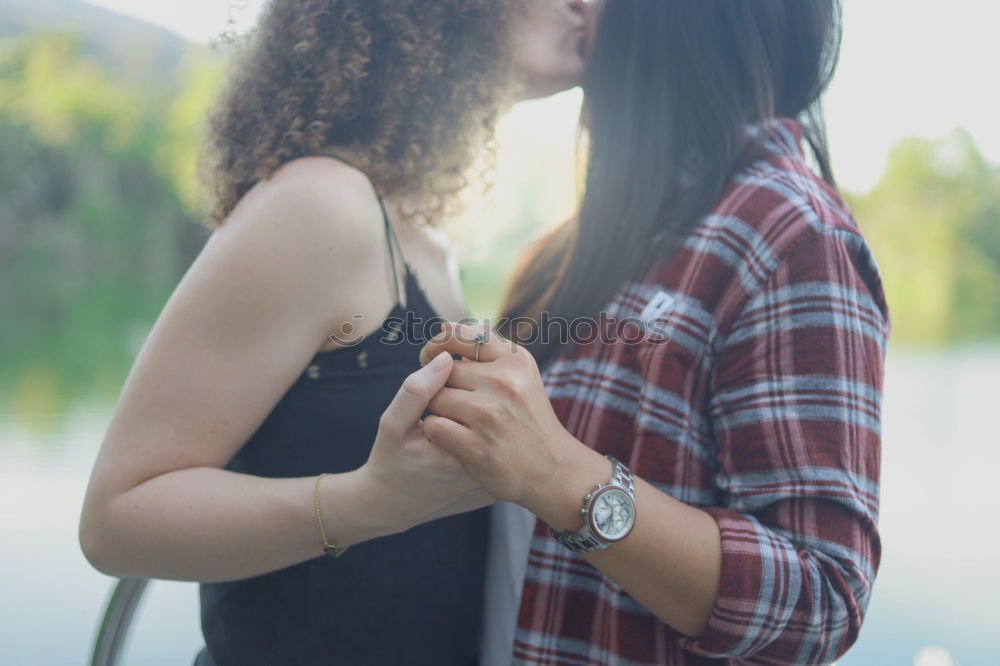 Image, Stock Photo Happy couple hugging and kissing near tree in park