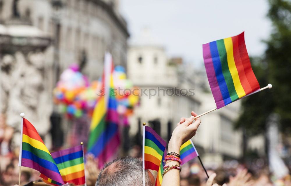 Similar – Image, Stock Photo many rainbow flags of the queer community at the CSD in Cologne. Cologne Cathedral in the background