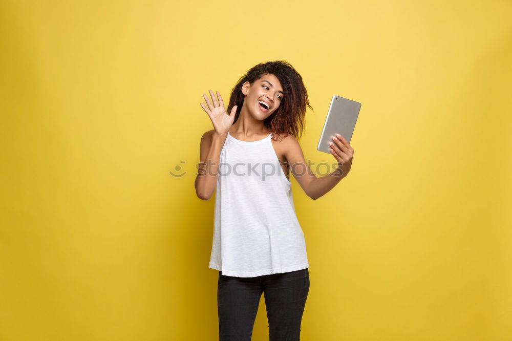 Similar – Image, Stock Photo Happy Arab girl listening to music and dancing