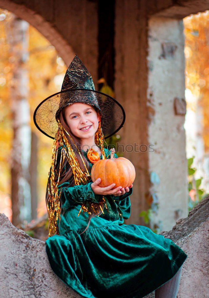 Similar – Cheerful kid in costume posing on tree