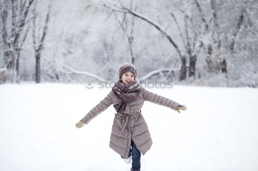 Similar – A woman pulls a sled through the snow. Winter atmosphere.