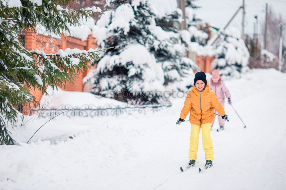 Similar – Image, Stock Photo kid girl helping to clean pathway from snow