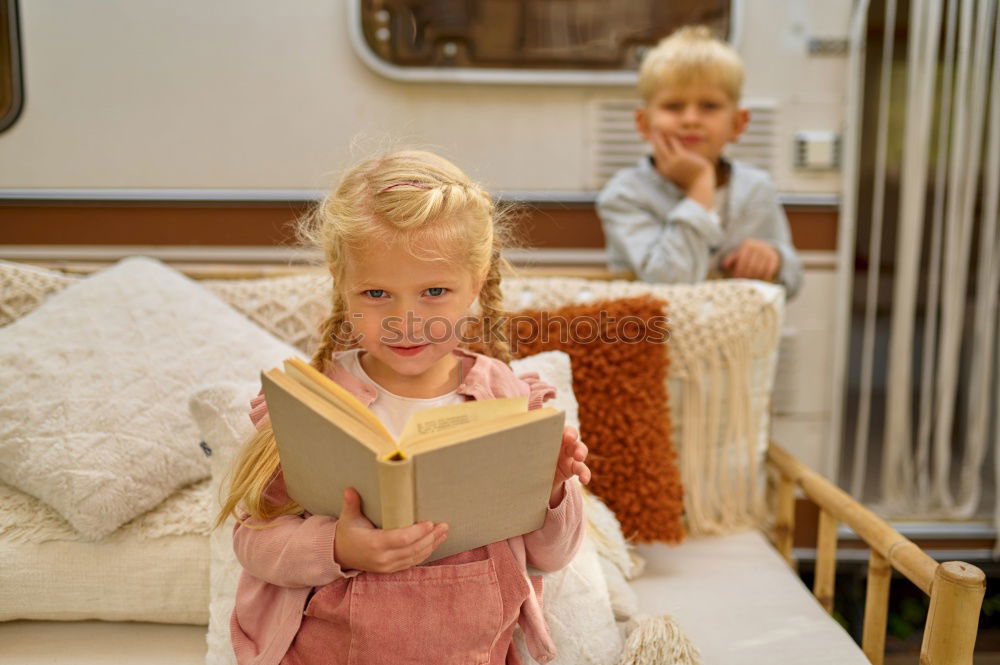 Image, Stock Photo Little boy sitting on the bed and smile