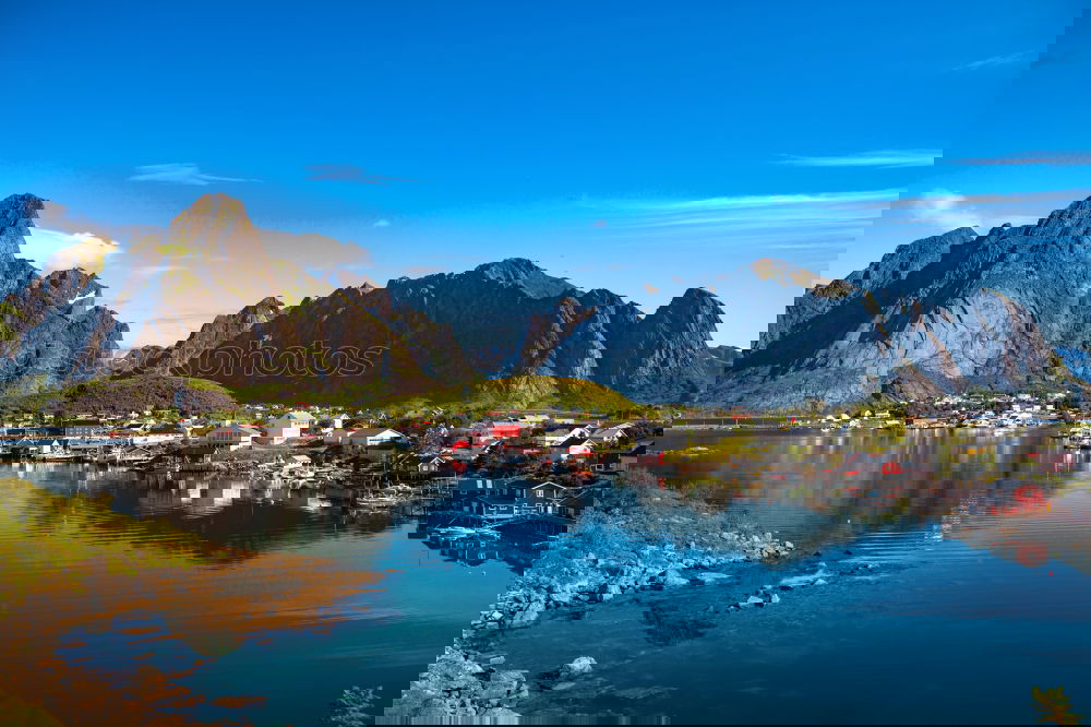 Similar – Image, Stock Photo Norway village Reine on a fjord. Nordic cloudy summer day.
