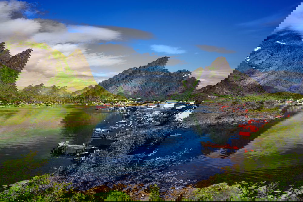 Similar – Image, Stock Photo Norway village Reine on a fjord. Nordic cloudy summer day.