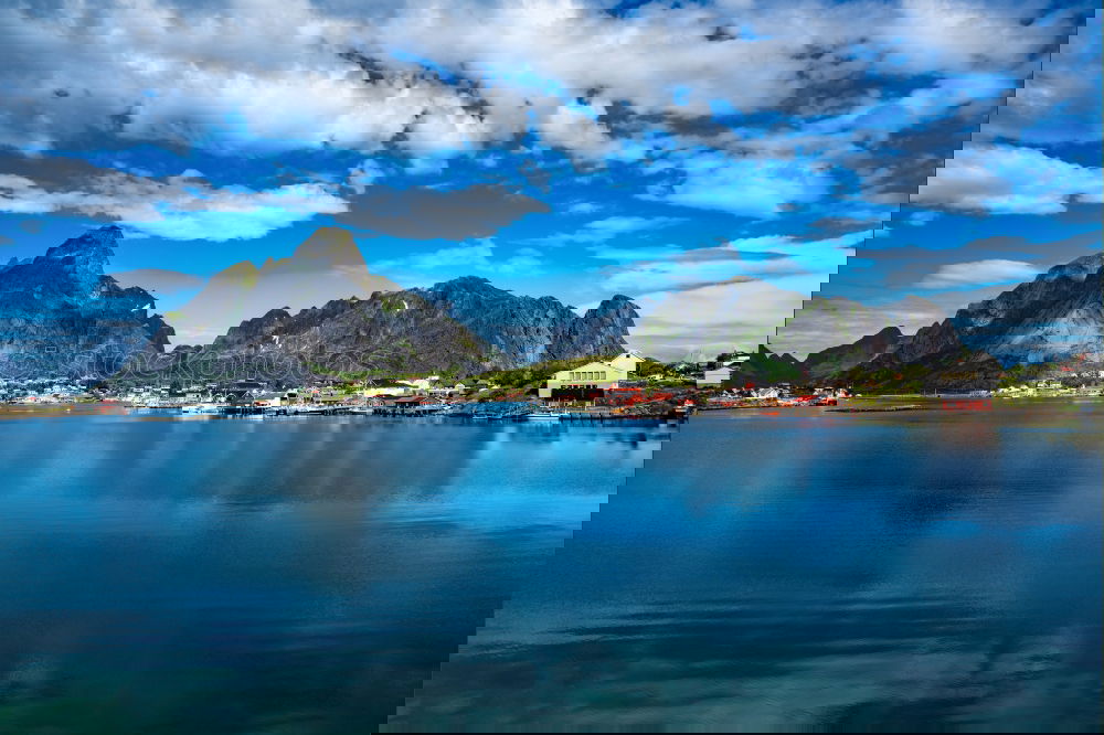 Similar – Image, Stock Photo Norway village Reine on a fjord. Nordic cloudy summer day.