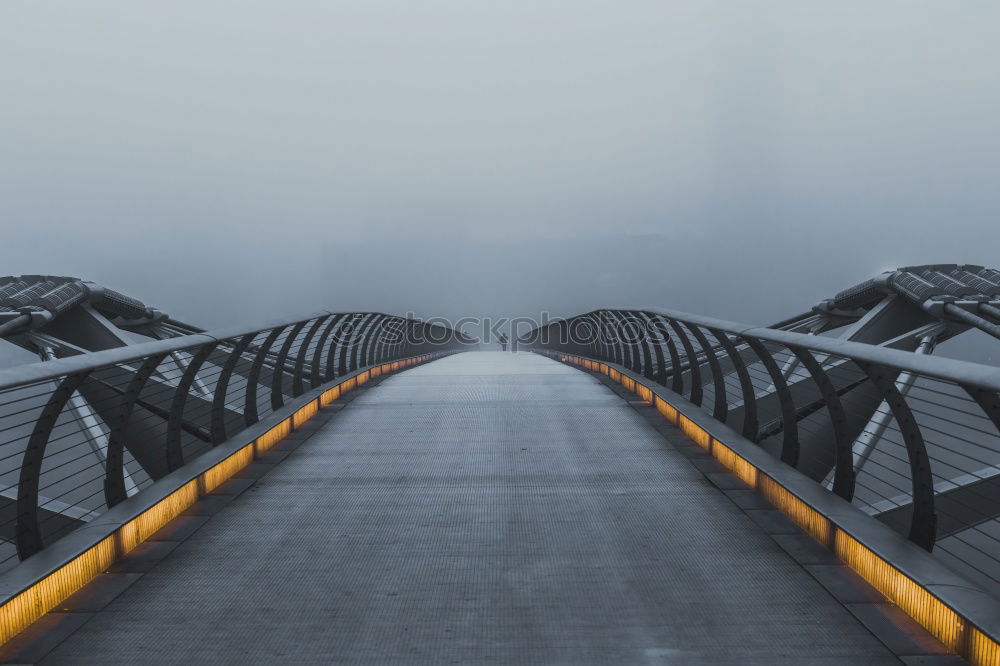 Similar – Man with dog is walking on a path in dense fog