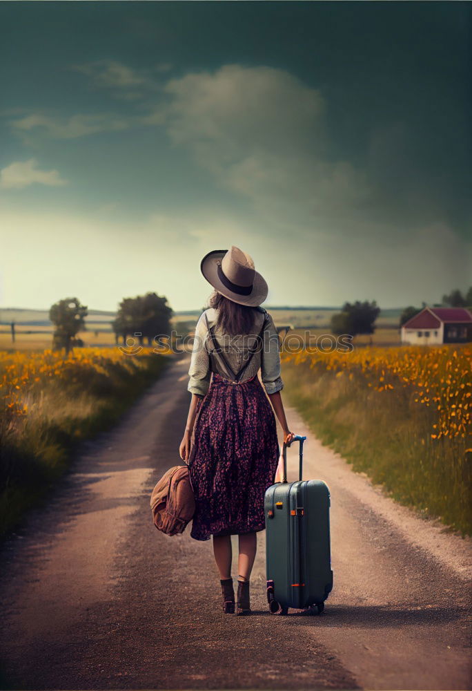 Similar – boy on the train tracks with suitcase