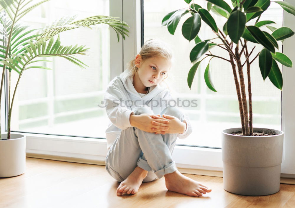 Similar – kid girl is hiding behind house plant in pot