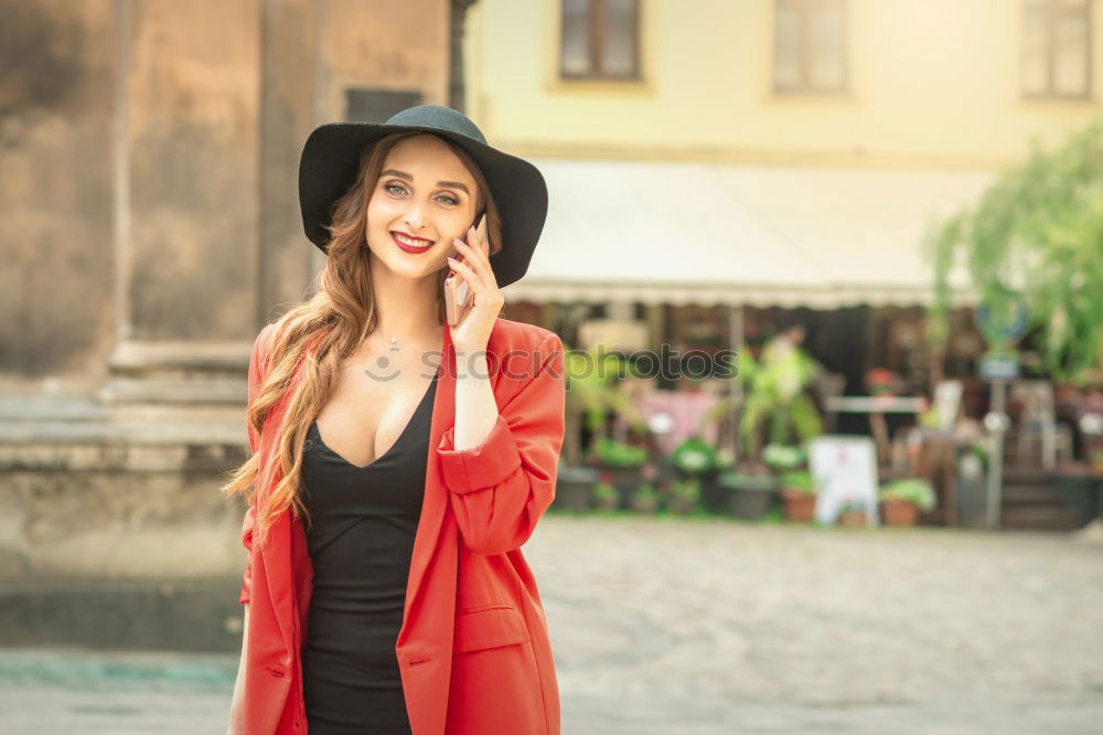 Similar – Smiling young woman with brown wavy hair outdoors